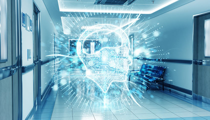 Hospital blue corridor with digital xray brain floating in dots connections 3D rendering