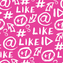Vector seamless pattern with handwritten social media sign, symbols: hashtag, 