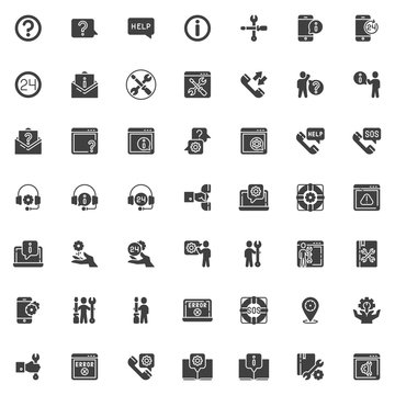 Technical support vector icons set, Customer service modern solid symbol collection filled style pictogram pack. Signs logo illustration. Set includes icons as Question mark, Help message, Information