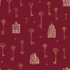 Vector seamless pattern with vintage keys and old buildings in retro style. Hand drawn illustrations on the red background. Wallpaper, wrapping paper, fabric, textile