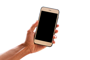 Hand holding mobile smart phone or telephone on white background