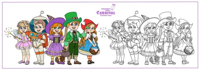 Children in carnival costumes of the fairy, leprechaun, astronaut, witch, little red riding hood color and outlined for coloring page