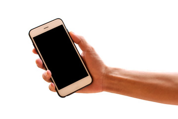 Hand holding mobile smart phone or telephone on white background