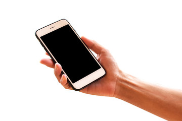 Hand holding mobile smart phone or telephone on white background