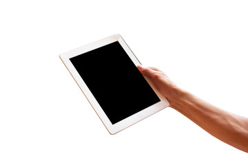 Hand holding mobile smart phone or telephone on white background