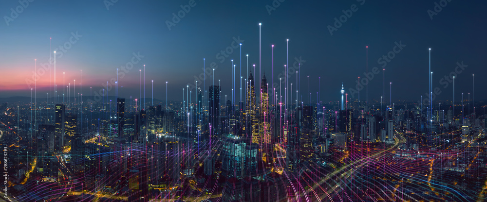 Fototapete smart city and abstract dot point connect with gradient line and aesthetic intricate wave line desig