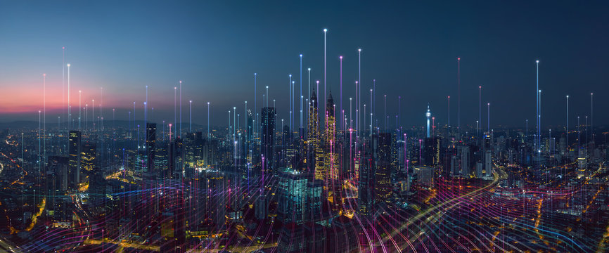 Smart city and abstract dot point connect with gradient line and aesthetic Intricate wave line design , big data connection technology concept . © jamesteohart