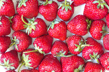 Strawberry background. Many red ripened juicy strawberries on white backdrop. Top view.