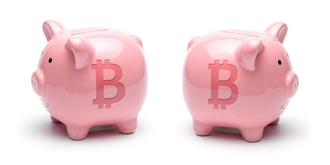Pink piggy bank with bitcoin symbol isolated on a white background. Concept How to save cryptocurrency