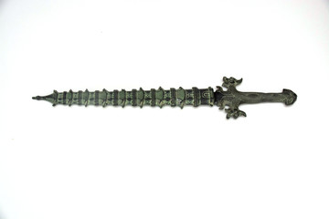 ancient bronze sword isolated on white with cut-off path, Chinese.