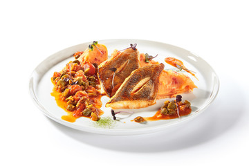 Pike Perch or Zander Fish Fillet on White Plate Isolated