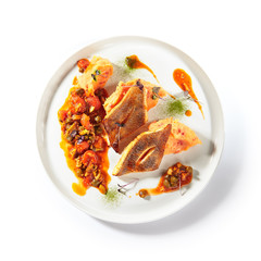 Pike Perch or Zander Fish Fillet on White Plate Isolated