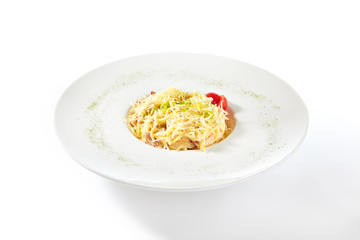 Delicious Spaghetti Carbonara with Grated Parmesan Cheese Isolated