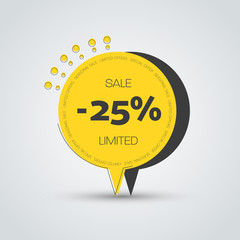 Round yellow and black tag design with text in a circle for sales and discounts.