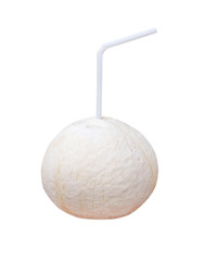 Coconuts juice chilled with white drinking straw isolated on white background, clipping path, fresh healthy  