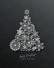 Christmas and New Year card with silhouette of Christmas tree made of 3d silver openwork snowflakes on black background. Holiday Vector Design - obrazy, fototapety, plakaty