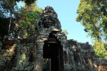Beautifully decorated gate to the temple of Banteay Kdei. Tourist attractions of Cambodia. Ancient...