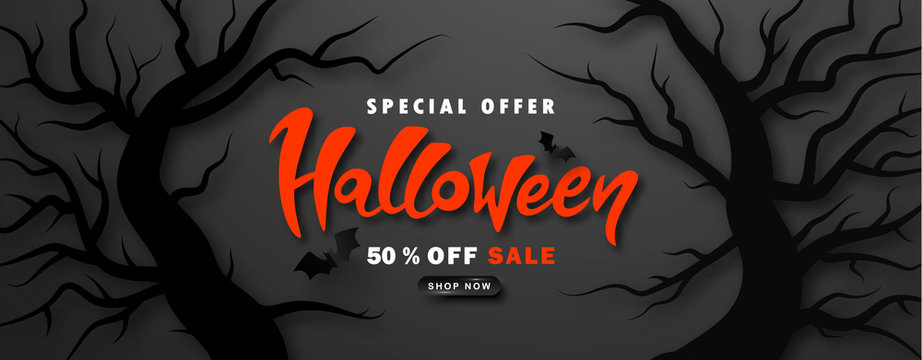 Halloween Sale Promotion Poster with trees and paper bats on black background.Vector illustration for website , posters, ads, coupons, promotional material.