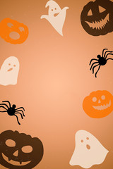 Halloween paper decorations background - bats, ghosts, pumpkins. Halloween frame, copy space