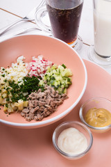 Traditional russian cold soup okroshka