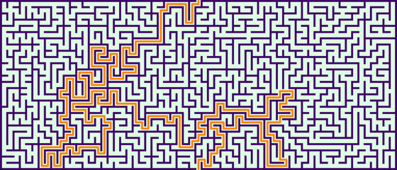 Panoramic maze with solution. Vector illustration.