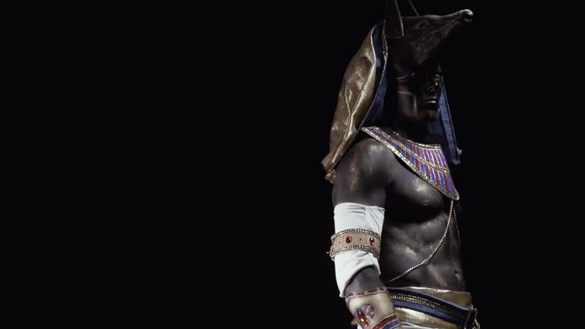 Profile shot of Anubis with body art and makeup, turning to the camera