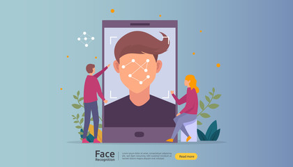 Face recognition data security design. facial biometric identification system scanning on smartphone. web landing page template, banner, presentation, social, poster, ad, promotion or print media.