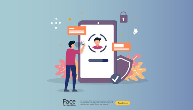 Face recognition data security design. facial biometric identification system scanning on smartphone. web landing page template, banner, presentation, social, poster, ad, promotion or print media.