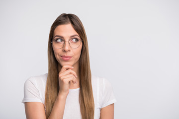 Closeup photo of pretty lady look empty space with wonder wear specs and t-shirt isolated white...