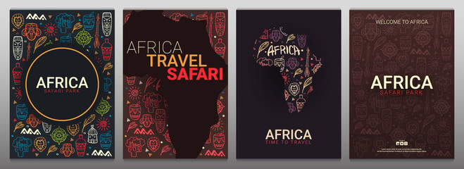 Set of Africa banners. Safari Park. Colorful illustration with hand draw doodle Background. - obrazy, fototapety, plakaty