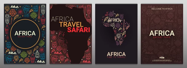 Tuinposter Set of Africa banners. Safari Park. Colorful illustration with hand draw doodle Background. © leo_d