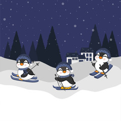 Little Penguins ski on winter background. 