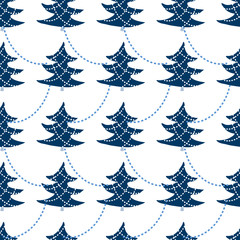 Cute Christmas background with fur trees, hollies, christmas balls. Seamless vector pattern in stylish pastel blue winter colors.