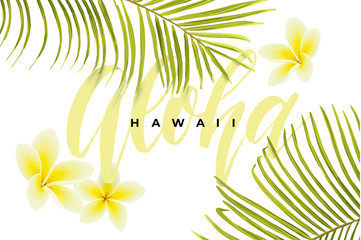 Fototapeta na wymiar Tropical vector design with green palm leaves, plumeria flowers, pineapples and hand drawn Aloha inscription. Summer hawaiian illustration.