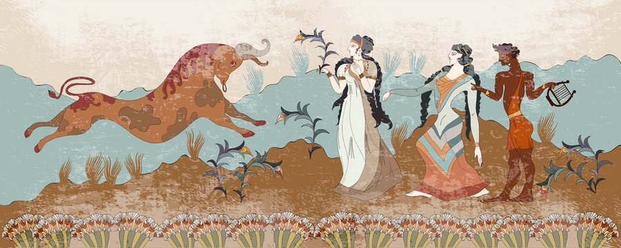 Ancient Greece frescos. Minoan civilization. Jumping bulls and people. Knossos murals mythology. History of Crete. Heraklion