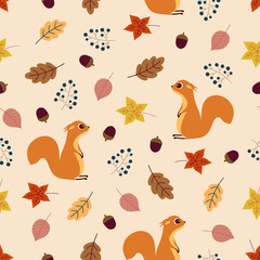 seamless pattern with squirrel and leaves