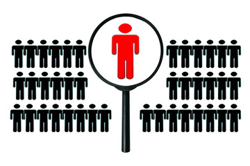 Searching for the right person concept , Magnifying glass focusing on the red man standing with many normal people  shape on black background,Icons of people under a magnifying glass.