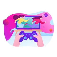 Gamers play video game on different hardware platforms. Cross-platform play, cross-play and cross-platform gaming concept on white background. vibrant violet