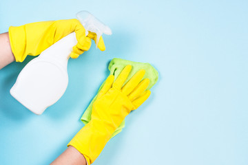 Cleaning concept on blue background.
