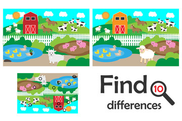 Obraz premium Find 10 differences, game for children, farm with animals cartoon, education game for kids, preschool worksheet activity, task for the development of logical thinking, vector illustration