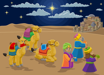 A Christmas nativity scene cartoon, with with three wise men or magi and their camels arriving with their gifts. The City of Bethlehem and star above. Christian religious illustration.