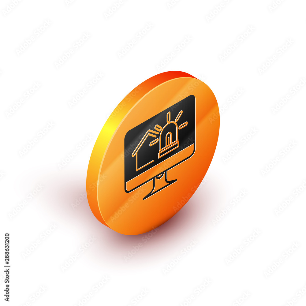 Poster isometric computer monitor with smart house and alarm icon isolated on white background. security sy