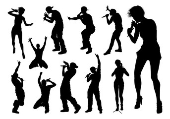 A set of singers pop, country music, rock stars and hiphop rapper artist vocalists in high quality detailed silhouette - obrazy, fototapety, plakaty