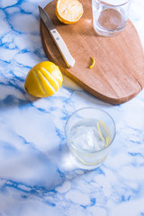 Gintonic cocktail in a glass with ice and lemon.