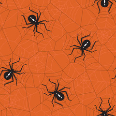 Halloween Vector Seamless Pattern With Black Widow Spiders and Spider Web on Orange Background