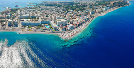 Aerial birds eye view drone photo of Elli beach on Rhodes city island, Dodecanese, Greece. Panorama...