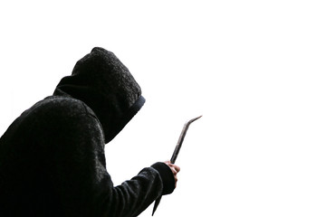 Criminal with crowbar near the doors. Robber in dark hoodie. Isolated on white background.