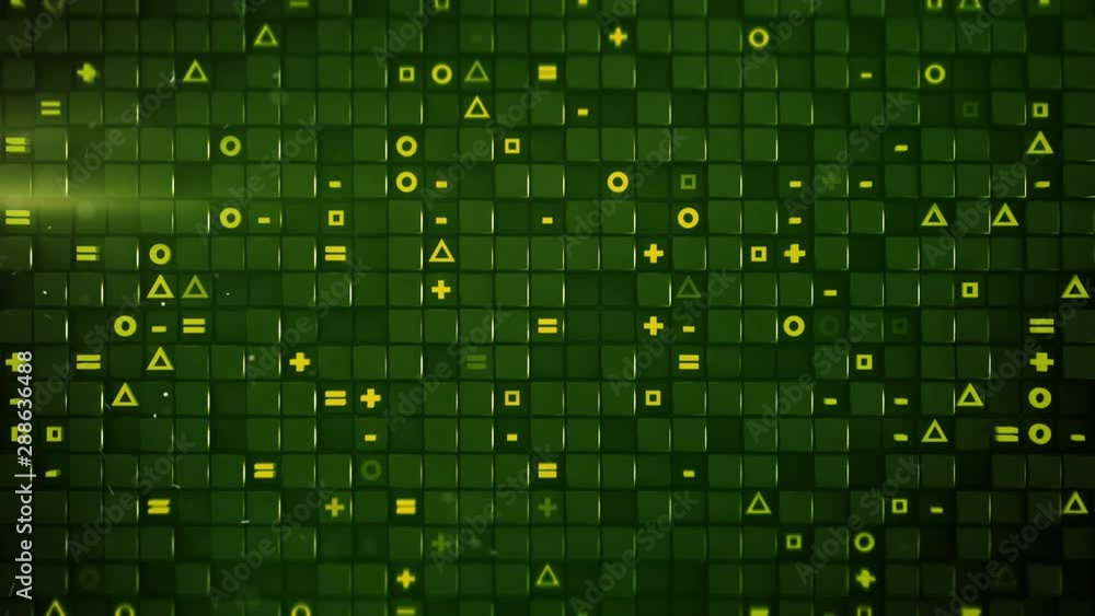 Poster green cubes and random symbols. abstract modern technology or science fiction concept. 3d render sea