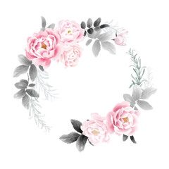 Watercolor flower decoration. A wreath of garden roses.