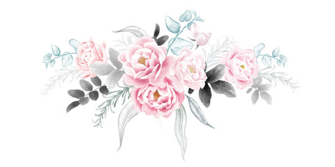 Watercolor flower decoration. Garland of garden roses.